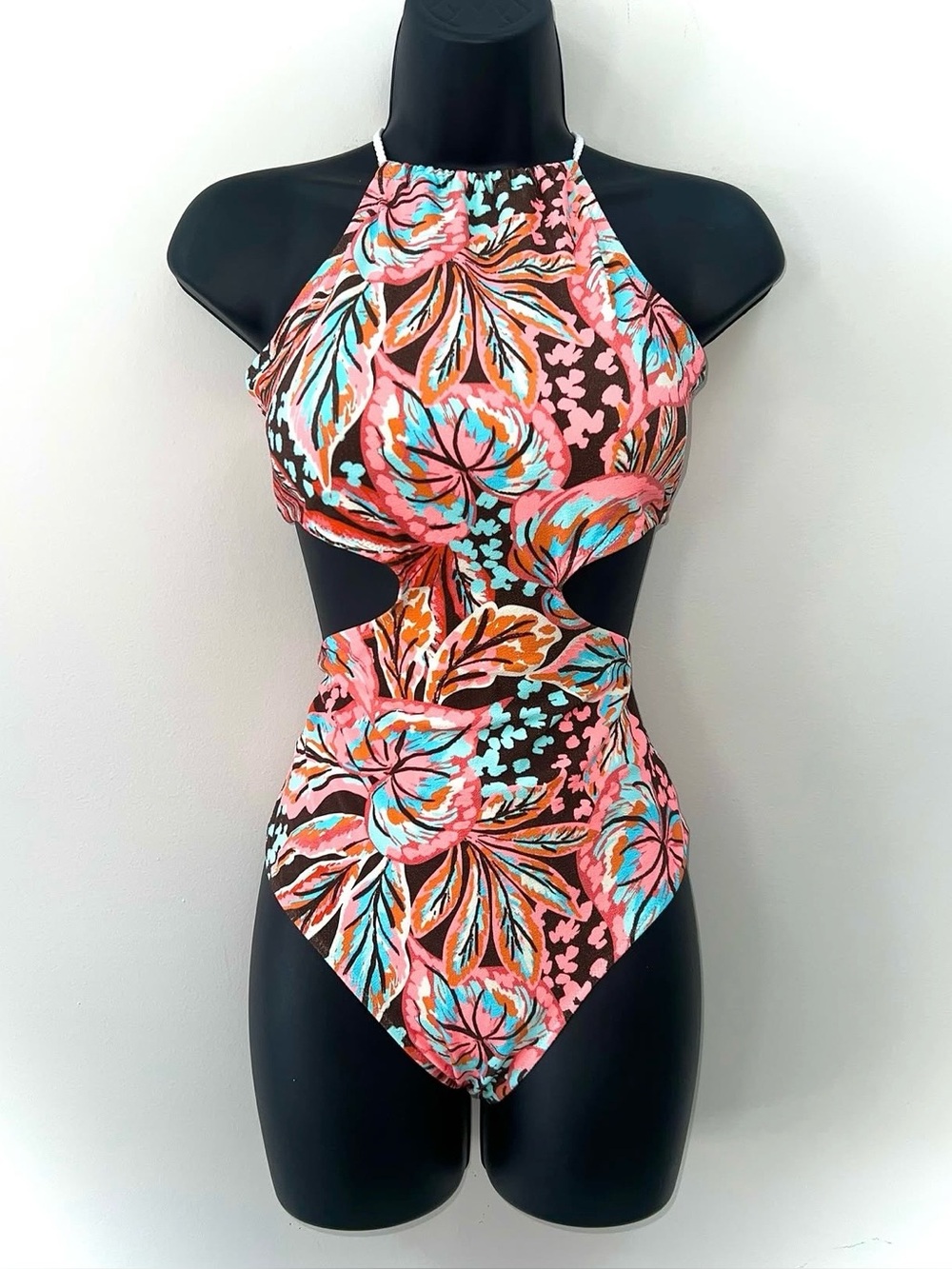 NWT Aerie Buzzed Terry Halter Cut Out Floral One-Piece Swimsuit